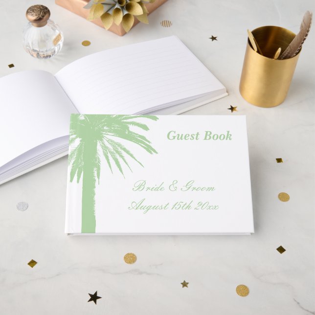 Pale green beach wedding palm tree logo guest book (Front Open)