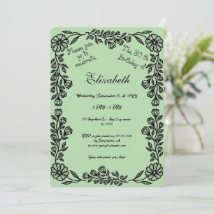Pale Green & Black Botanical Floral 30th Birthday Invitation