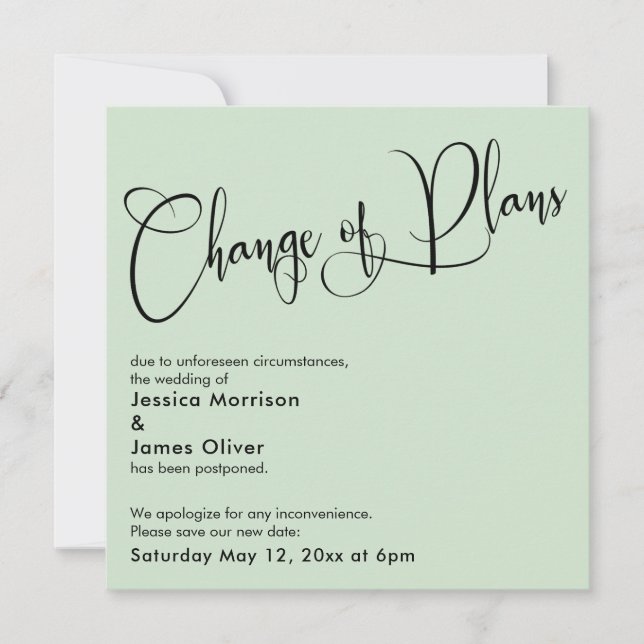 Pale Green Change of Plans Postponed Wedding Card (Front)