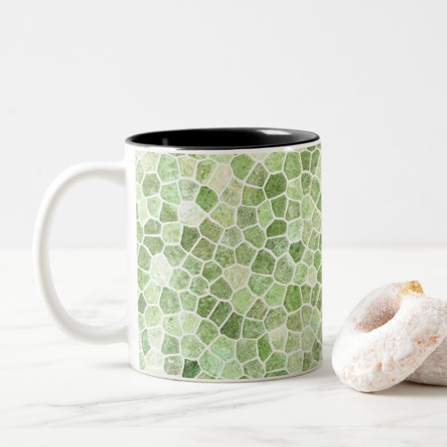 Pale Green Cobbled Patchwork Terrazo Pattern Two-Tone Coffee Mug (With Donut)