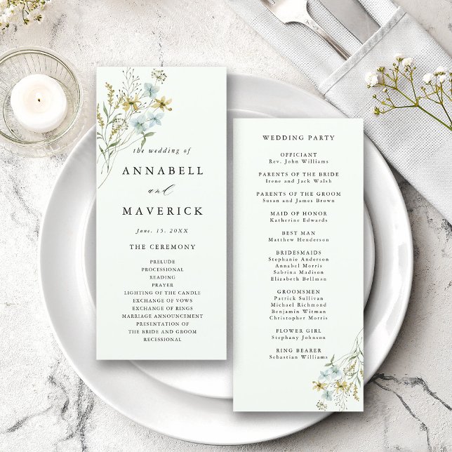 Pale Green Delicate Wildflower Boho Wedding  Programme (Front & Back)