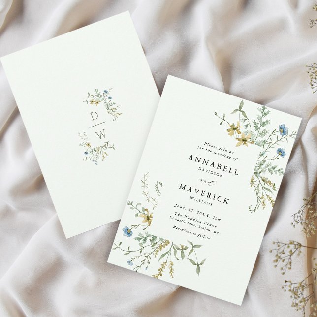 Pale Green Delicate Wildflower Modern Boho Wedding Invitation (Front & Back)
