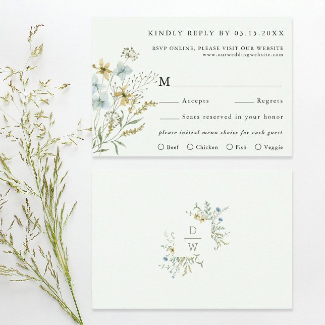 Pale Green Delicate Wildflower Modern Boho Wedding RSVP Card (Front & Back)