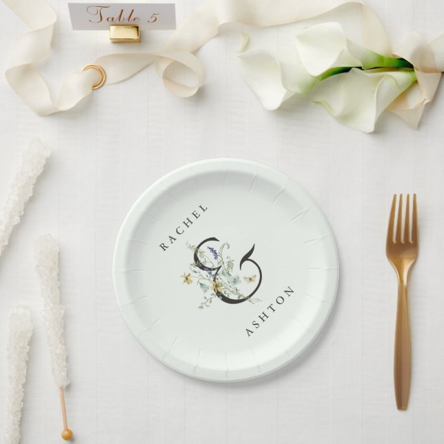 Pale Green Elegant Watercolor Wildflower Wedding Paper Plate (Wedding)