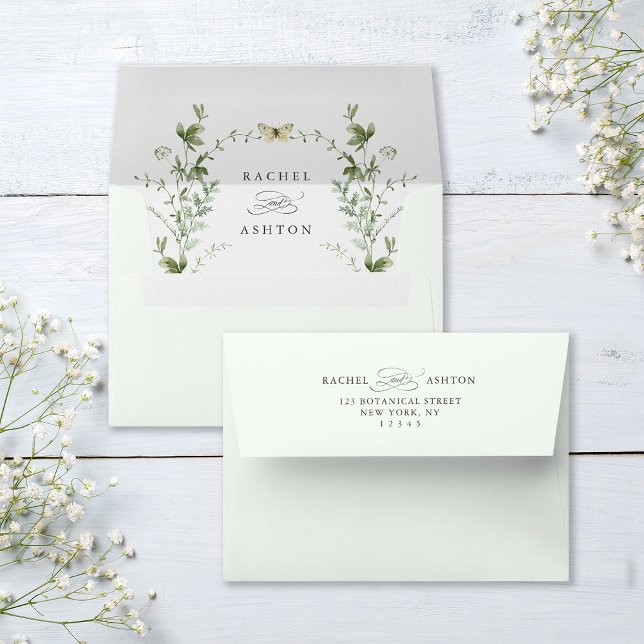 Pale Green Elegant Watercolor Wildflowers Wedding  Envelope (Inside & Back)