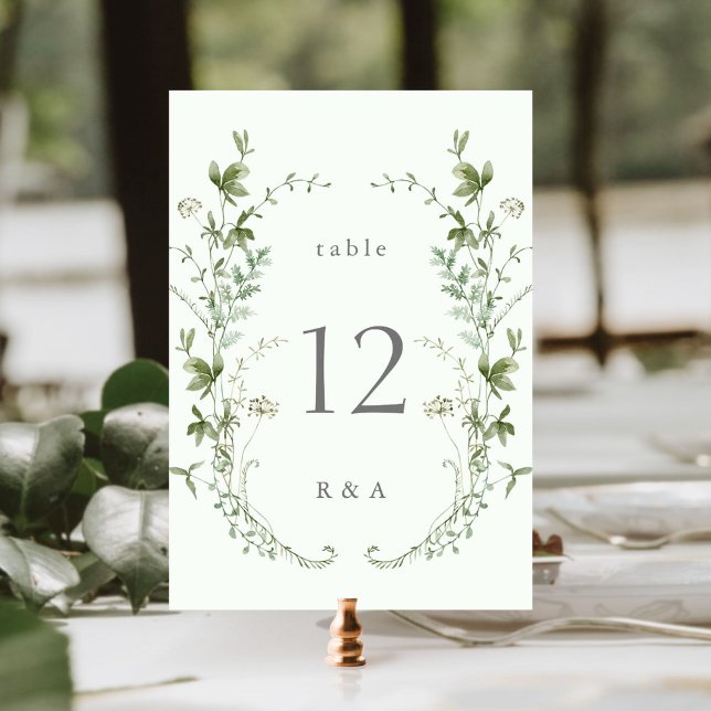 Pale Green Elegant Watercolor Wildflowers Wedding Table Number (Creator Uploaded)