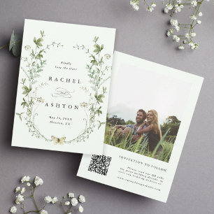 Pale Green Elegant Wildflower Wedding Photo Save The Date