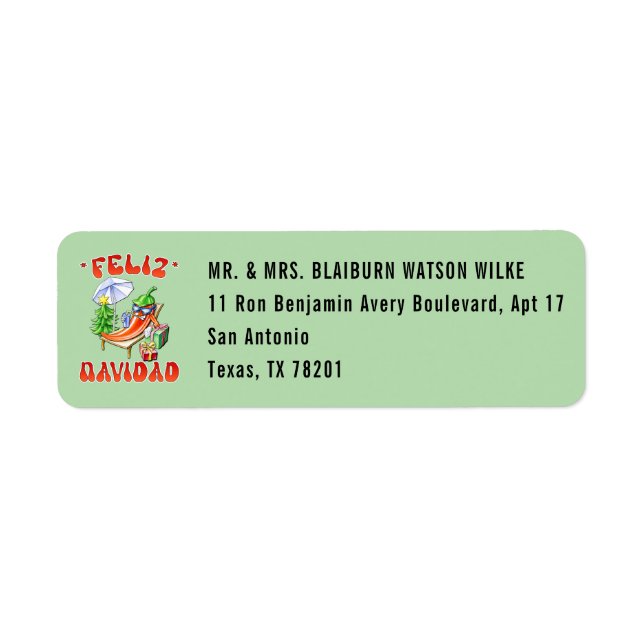 Pale Green Feliz Navidad Chilli Editable Address (Front)