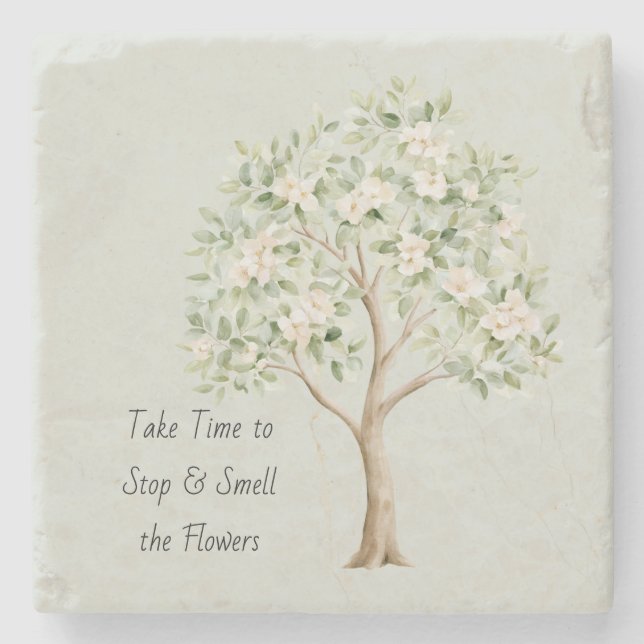 Pale Green Flowering Tree Stone Coaster (Front)