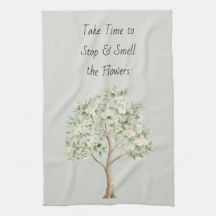 Pale Green Flowering Tree Tea Towel