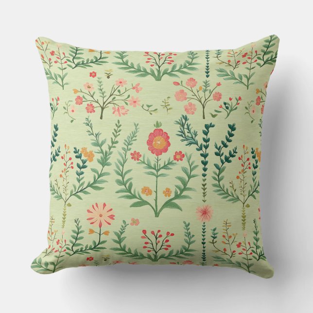 Pale Green Folk Floral Cushion (Front)