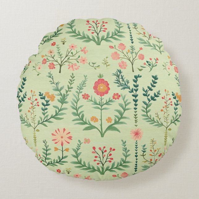 Pale Green Folk Floral Round Cushion (Front)