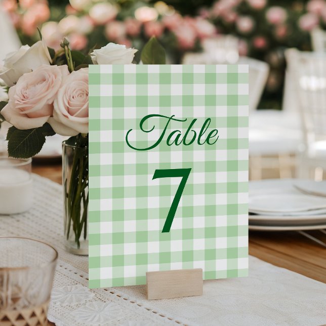Pale Green Gingham Plaid Elegant Calligraphy Table Number (Pale Green Gingham Plaid Elegant Calligraphy Table Number)