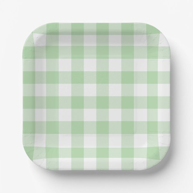 Pale Green Gingham Plaid Pattern Paper Plate (Front)