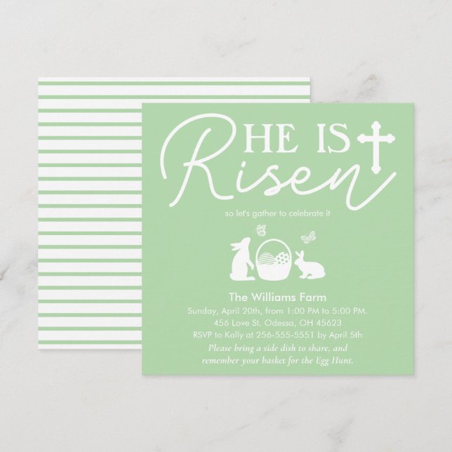 Pale Green “He Is Risen” Easter Celebration Invitation (Front/Back)