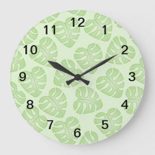 Pale Green Leaf Pattern. Large Clock