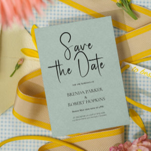Pale Green Linen Simple Black Script Save The Date Invitation