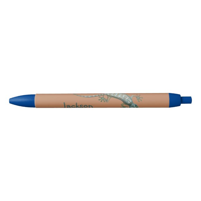 Pale Green Orange Spotted Lizard Named Black Ink Pen (Front)