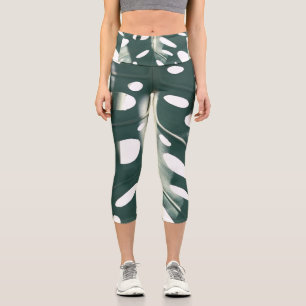 Pale Green Pastel Swiss Cheese Plant Capri Leggings