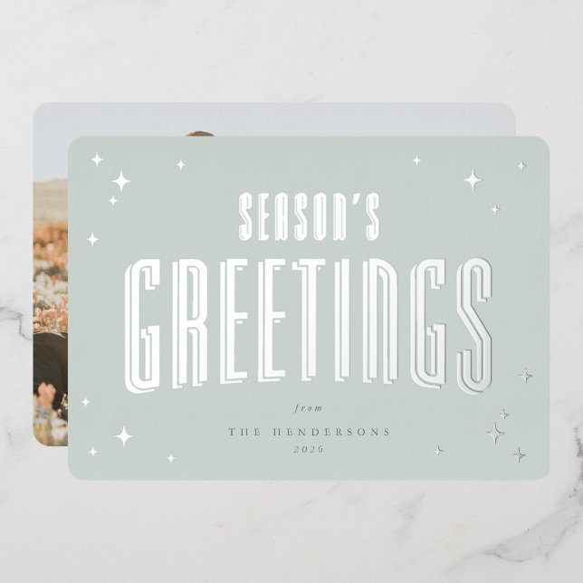 Pale Green Season's Greetings Retro Stars Photo  (Front/Back)