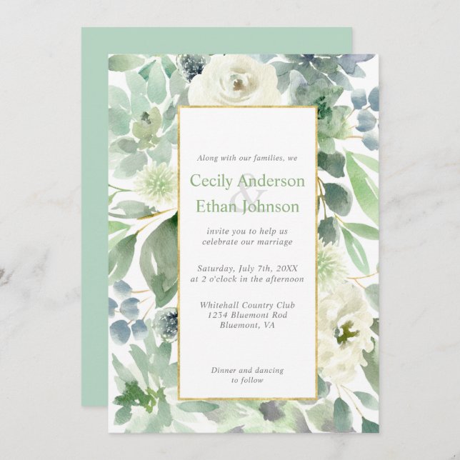 Pale Green Succulents & White Flowers Gold Wedding Invitation (Front/Back)