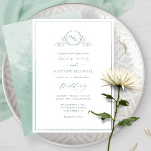 Pale Green Watercolor, Elegant Monogram Wedding Invitation