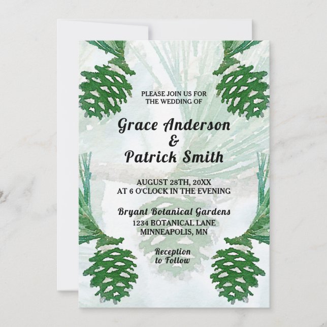 Pale Green Winter Pine Cone Wedding Invitation (Front)