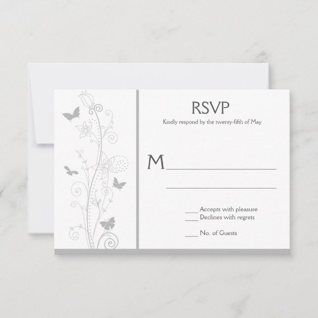 Pale Grey Butterflies Ornate Floral Swirls RSVP (Front)