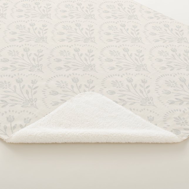 Pale Grey Folk Floral Scallop Pattern Sherpa Blanket (3/4)