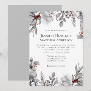 Pale Grey, Silver Terracotta Winter Wedding Invitation