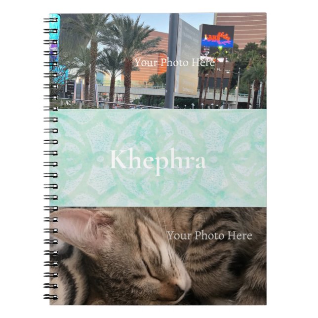 Pale Jade Batik Name and Photo Collage Notebook (Front)