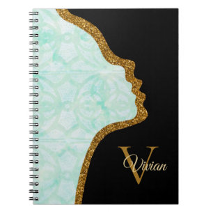 Pale Jade Black And Gold Glitter Face Notebook