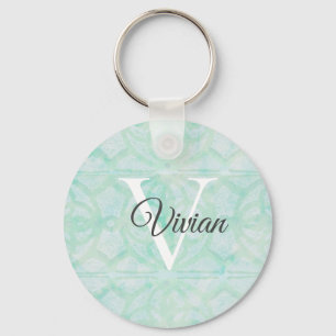 Pale Jade Green Watercolor Monogram Name Key Ring