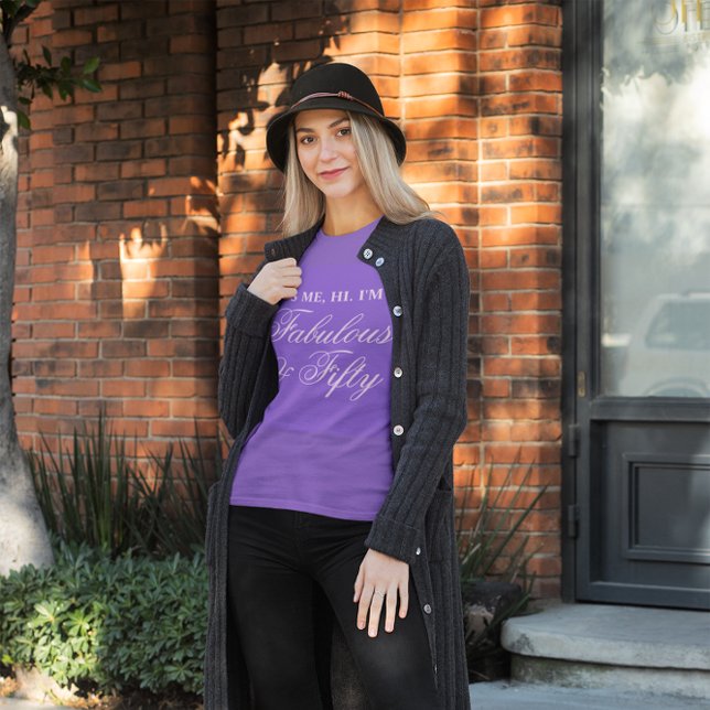 Pale Lavender Calligraphy Fabulous and Fifty T-Shirt (50 & Fabulous Purple Tee)