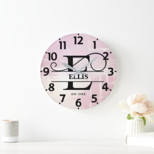 Pale Lavender Distressed E Monogram Large Clock