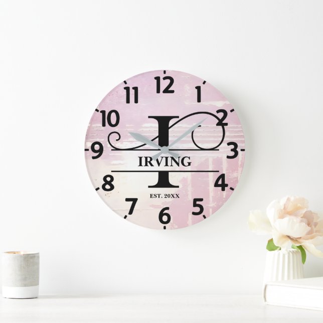 Pale Lavender Distressed I Monogram Large Clock (Home)