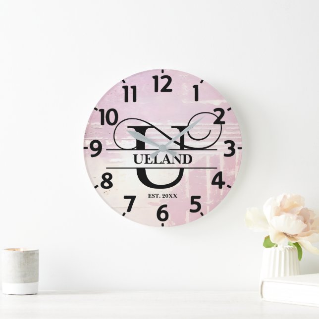 Pale Lavender Distressed U Monogram Large Clock (Home)