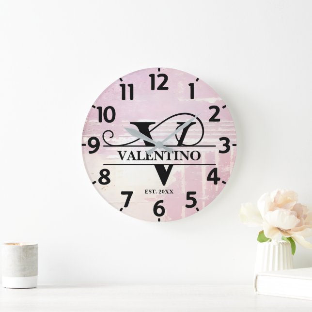 Pale Lavender Distressed V Monogram Large Clock (Home)