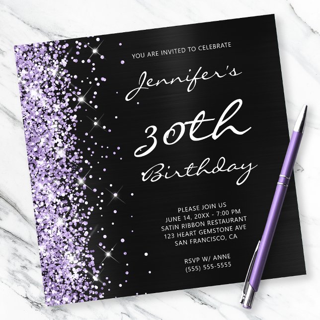 Pale Lavender Glitter Black Foil 30th Birthday Invitation (Creator Uploaded)