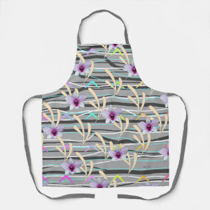 Pale Leaf Gray Pattern Purple Center Floral Apron