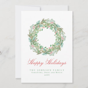 Pale Light Green and Pink Wreath Christmas Holiday Card