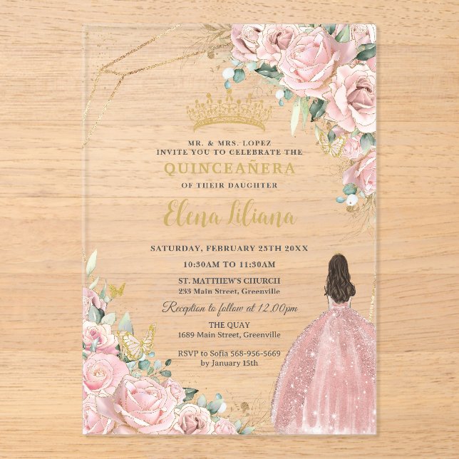 Pale Light Pink Floral Roses Quinceanera Sweet 16 Acrylic Invitations (Front)