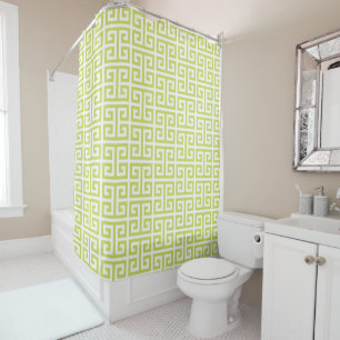 Pale Lime and White Greek Key Monogram Shower Curtain