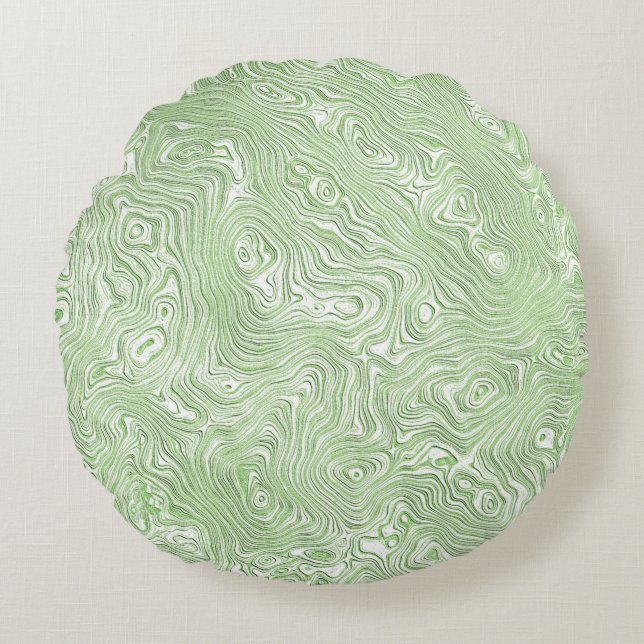 Pale Lime Green Abstract Moiré Rippled Pattern Round Cushion (Front)