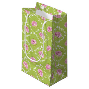 PALE LIME GREEN WITH DELICATE PINK FLOWERS SMALL GIFT BAG