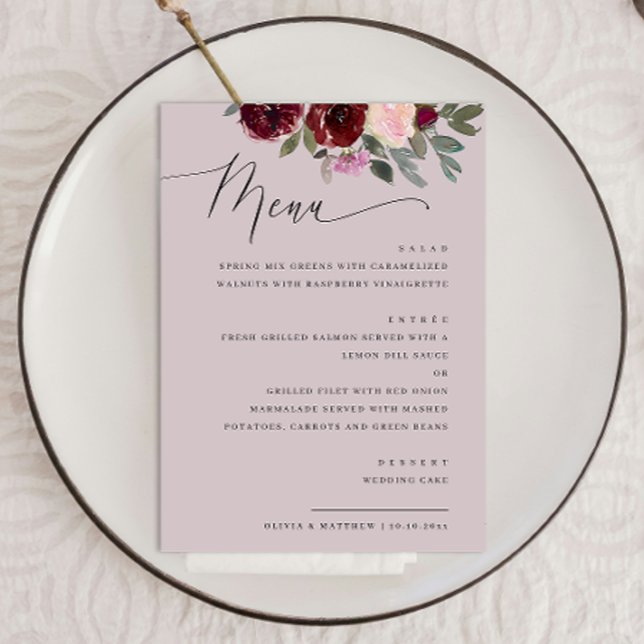 Pale Mauve Floral Wedding. Romantic Elegant Script Menu (Creator Uploaded)