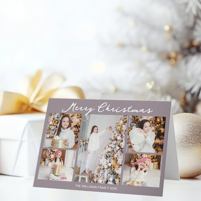 Pale Mauve Merry Christmas Photo Collage Trendy Holiday Card (Creator Uploaded)