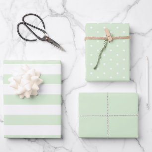 Pale Milky Green Polka Dot Wide Striped and Solid Wrapping Paper Sheet
