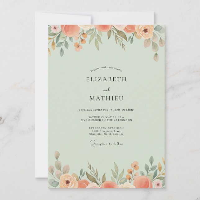 Pale Mint Coral Wildflower Wedding Invitation (Front)