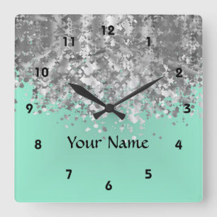 Pale mint green faux glitter personalised square wall clock